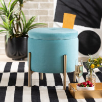 Baxton Studio FZD200335-Light Blue Velvet-Ottoman Malina Contemporary Glam and Luxe Sky Blue Velvet Fabric Upholstered and Gold Finished Metal Storage Ottoman>